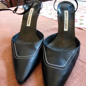 3in black leather sling back heels